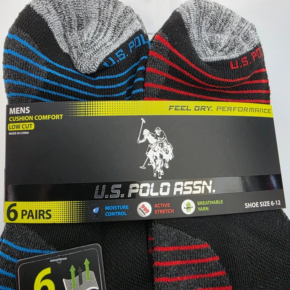 US Polo Assn Mens 6 Pair Low Cut Cushion Comfort Performance Socks Size 6-12 New